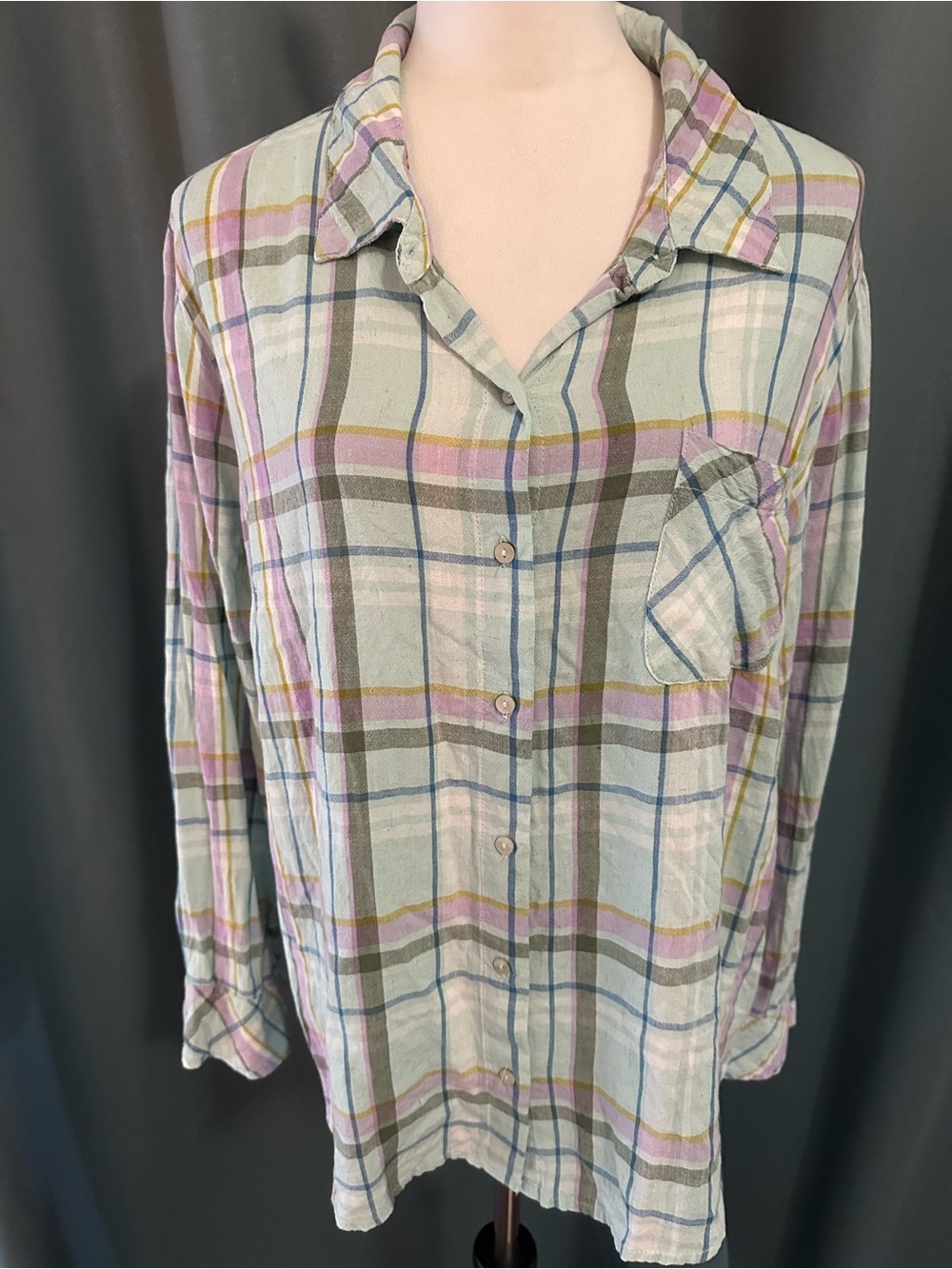 Candace Cameron Bure Women LP Plaid Button Down Shirt Linen Viscose Pastel